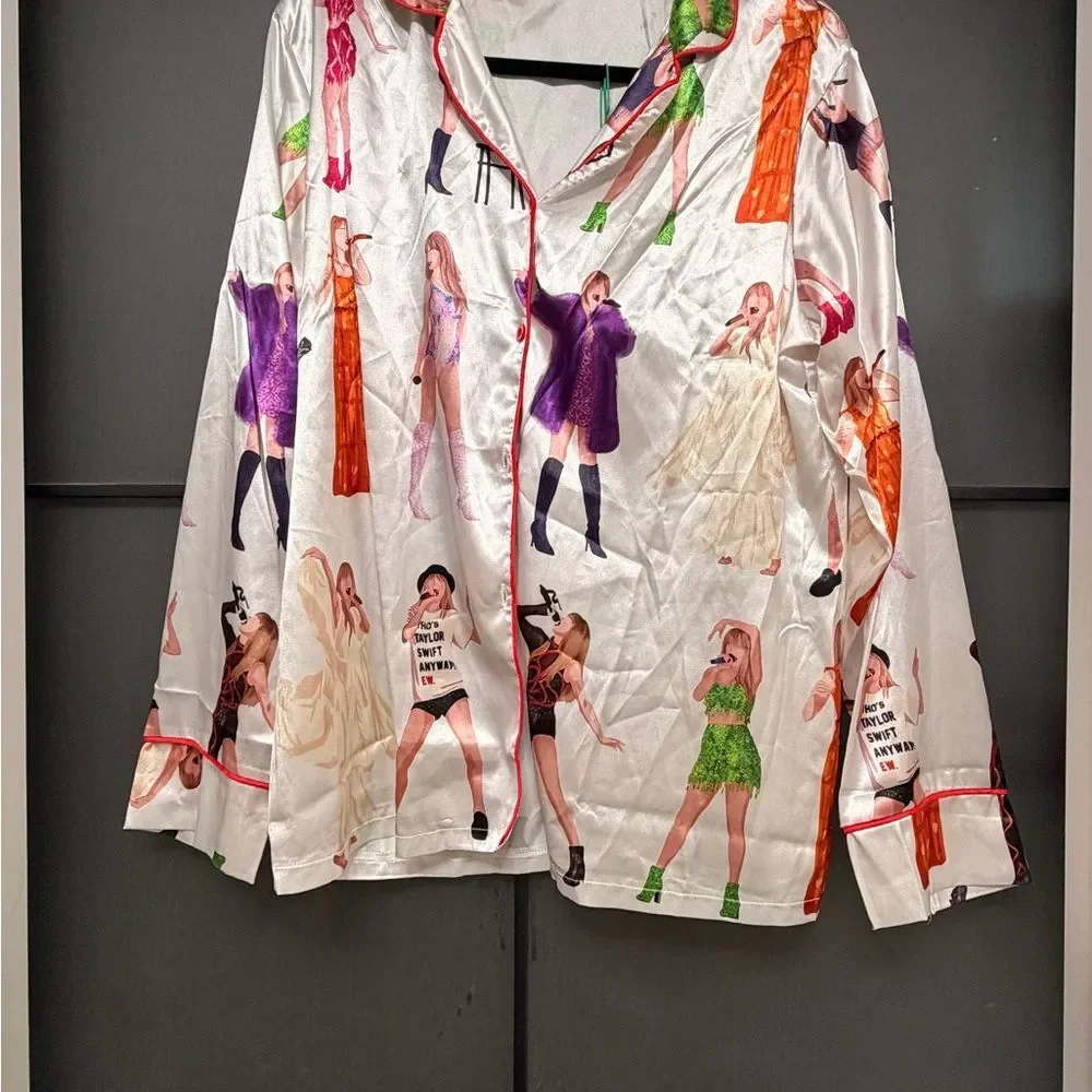Taylor Swift Eras Inspired White Satin PJ Set Button Top & Pants Red Women Large - Picture 2 of 4